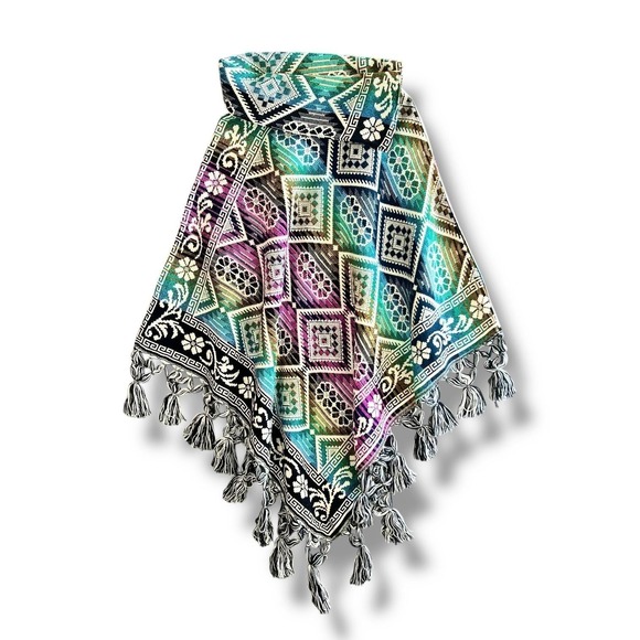 Source Unknown Accessories - Boho Woven Poncho Womens One Size Colorful Tassels Fringe Geometric Boho Tribal